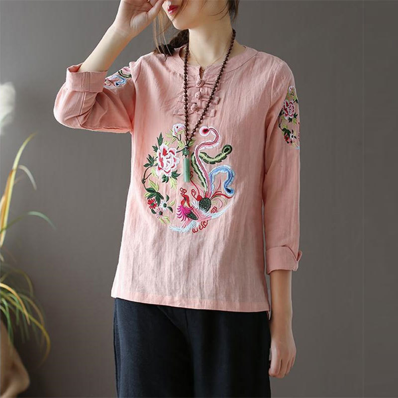 Spring Women Tshirt Plus Size Long Sleeve Loose O-neck Buttons Tee Shirt Femme cotton linen Embroidery Vintage Tops YN2 210512