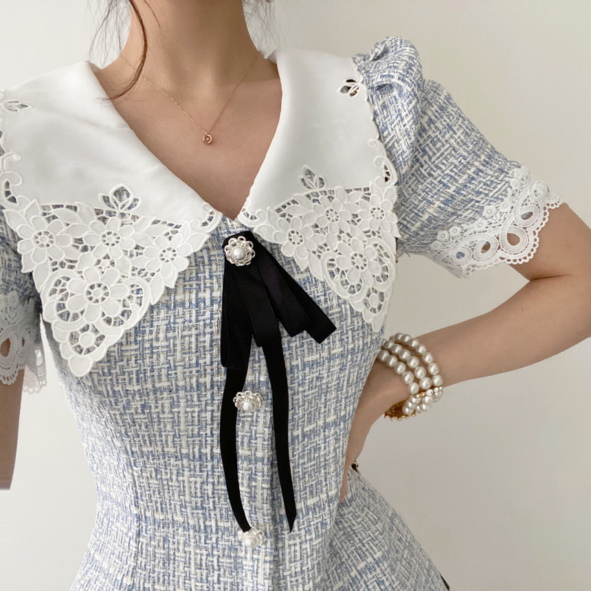 Retro Fashion Summer Women Sweet Bowknot Puff Sleeve Vestidos Elegant Tweed Plaid Chic Mini Dress 210519
