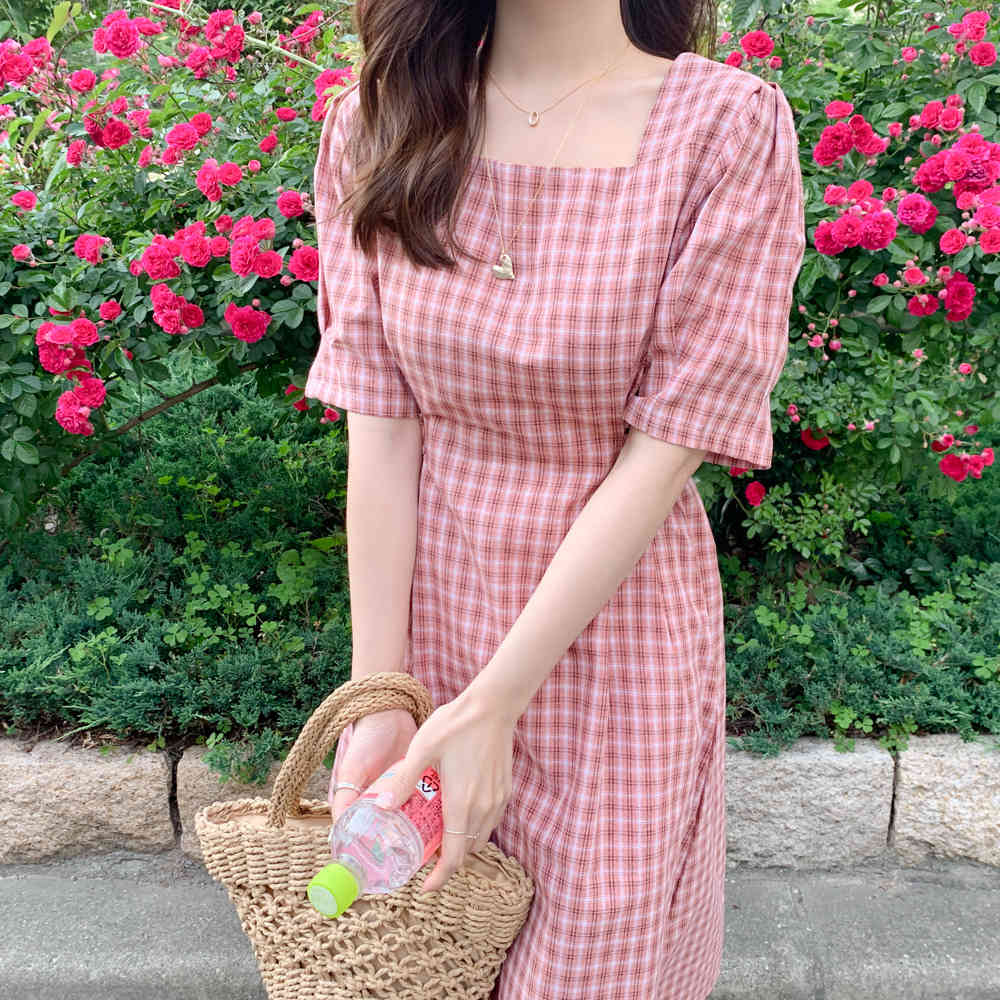 square collar Summer Women Cotton Linen Casual half Sleeve Dresses Female Dress plaid pink Boho Robe Femme Vestido 210417Z