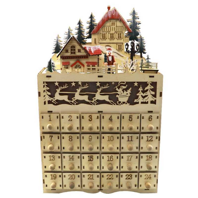 Christmas Wooden Advent Calendar LED Lighted Village House Santa Claus Countdown Ornament with Large Drawers Box Xmas Decoration 211019