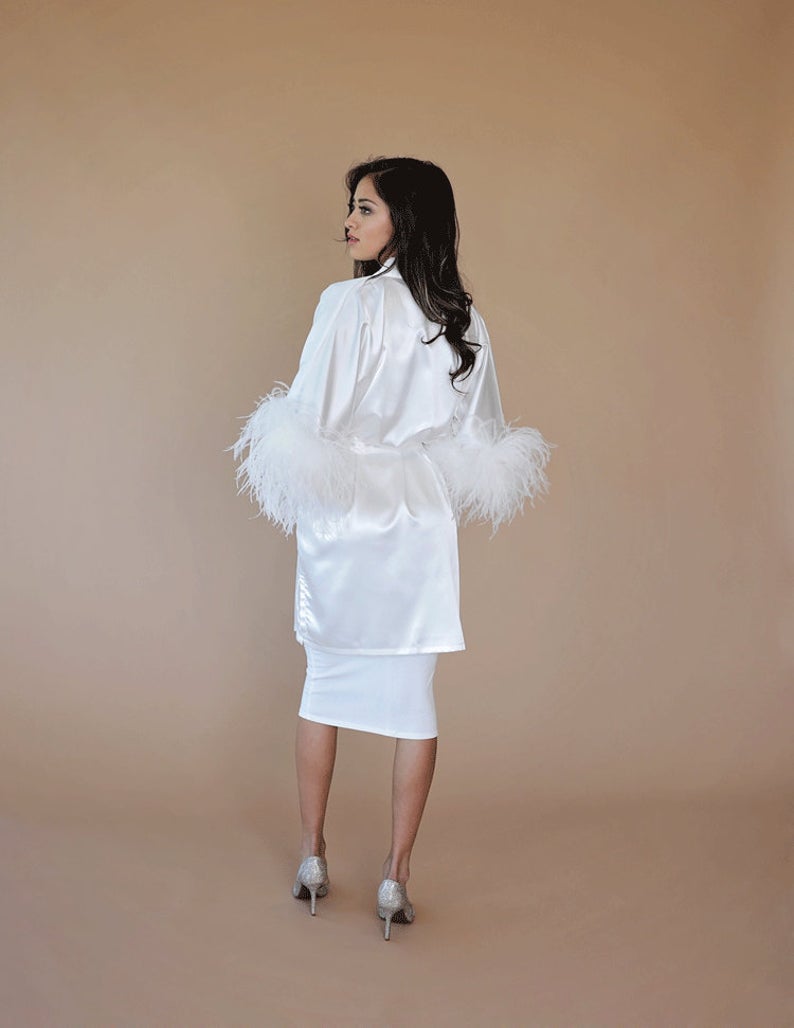 Ostrich Feather White Women Sleepwear Long Sleeve Maternity Sexy Kimono Pregnant Party Bathrobe Sheer Nightgown Robe Shawel