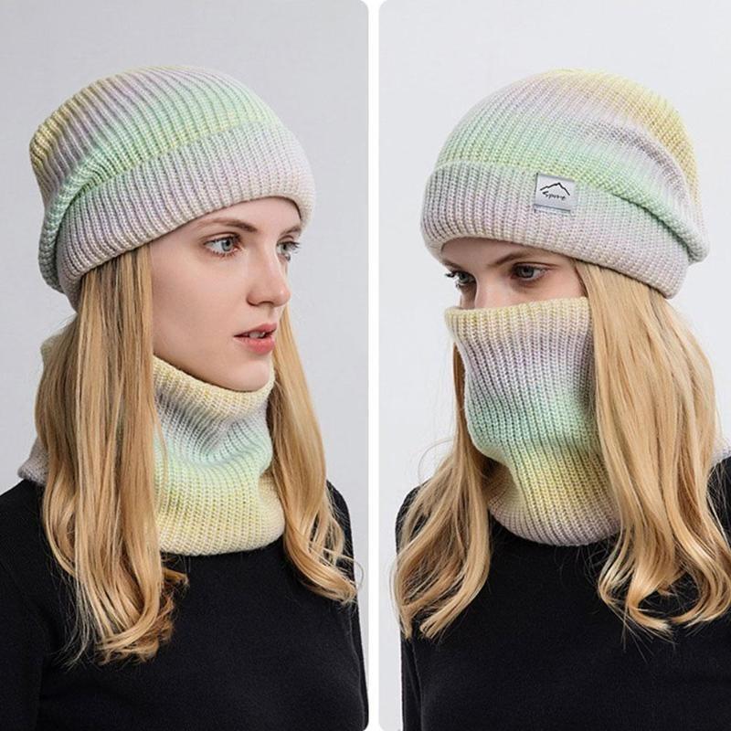 Beanies Autumn And Winter Gradient Color Knitted Hat Cap Two-piece With Thickened Warm Ear Protection Scarf Cold Proof 
Beanies Autumn And Winter Gradient Color Knitted Hat Cap Two-piece With Thickened Warm Ear Protection Scarf Cold Proof