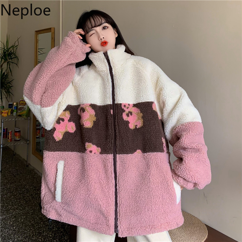 Neploe Winter Clothes Jacket Women Harajuku Korean Fashion Oversized Outwear Lamb Wool Patchwork Streetwear Coat Femme 4H448 210422