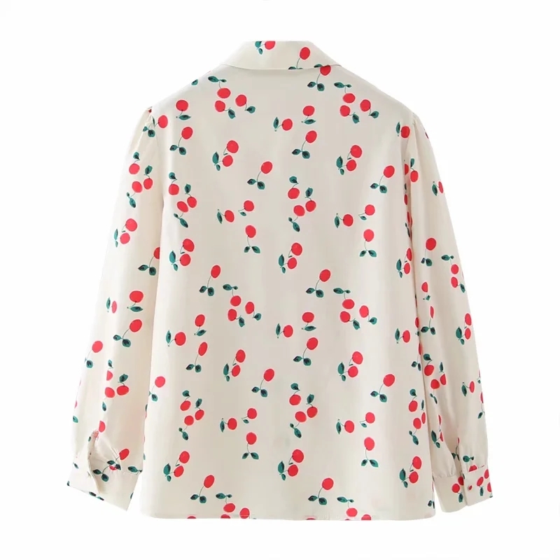 Women Cherry Printing Basic Shirt Casual Femme Long Sleeve Blouse Office Lady Loose Tops Blusas S8126 210430