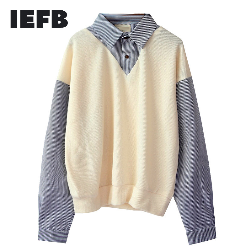 IEFB /men's Wear False Two Pieces Shirts Male Spring Color Block Korean Fashion Pullovers Tops Loose Personality 9Y1056 210524