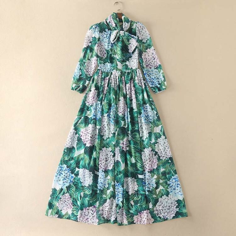 Spring Runway Maxi Dress Women's Long Sleeve Casual Bohemian Party Holiday Green Leaves Floral Printed 210421