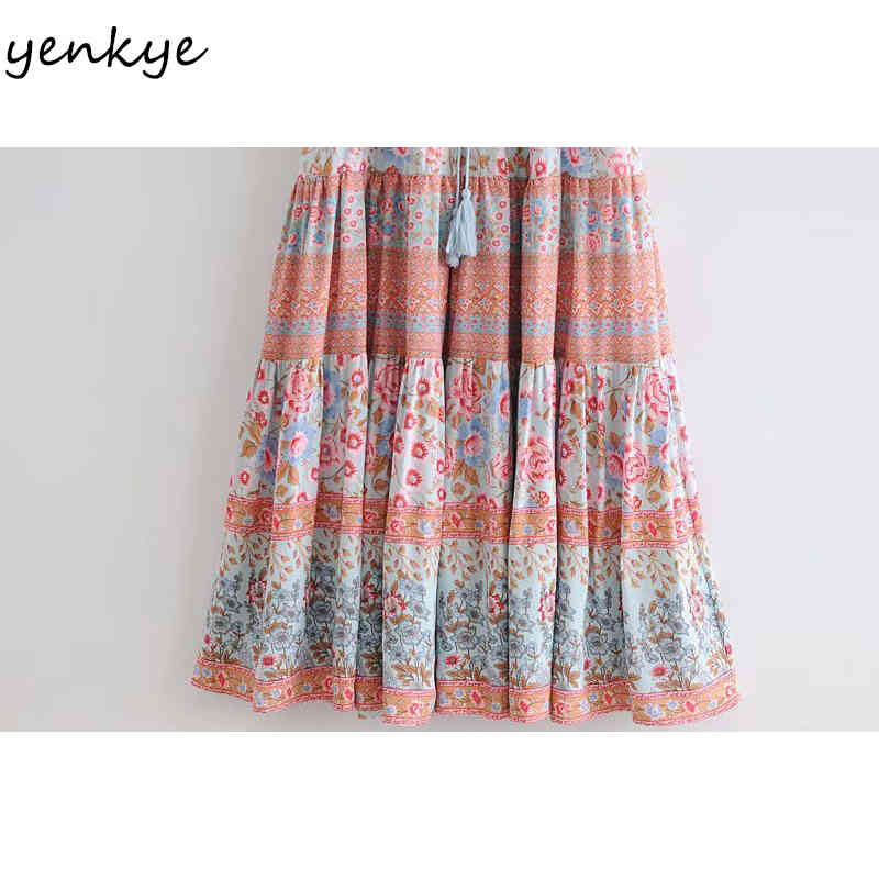 YENKYE Vintage Floral Print Boho Long Dress Women Lace Up V Neck Drawstring Waist A-line Casual Holiday Summer Dress Plus Size 210515