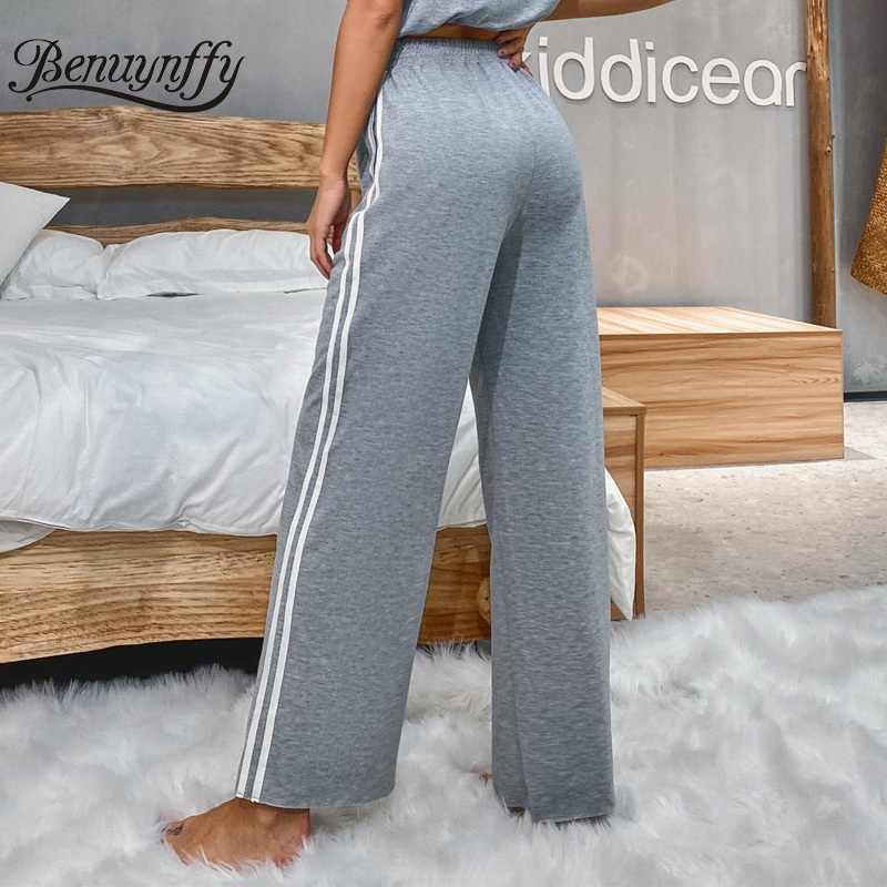 Gray Side Striped High Elastic Waist Pants Women Autumn Korean Style Casual Trousers Ladies Streetwear Wide Leg 210510