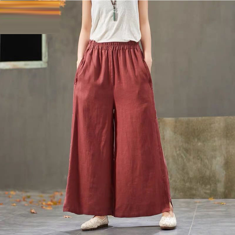 Summer Arts Style Women Elastic Waist cotton linen Wide Leg Pants Vintage Solid Loose Femme Trousers Plus Size S786 210512