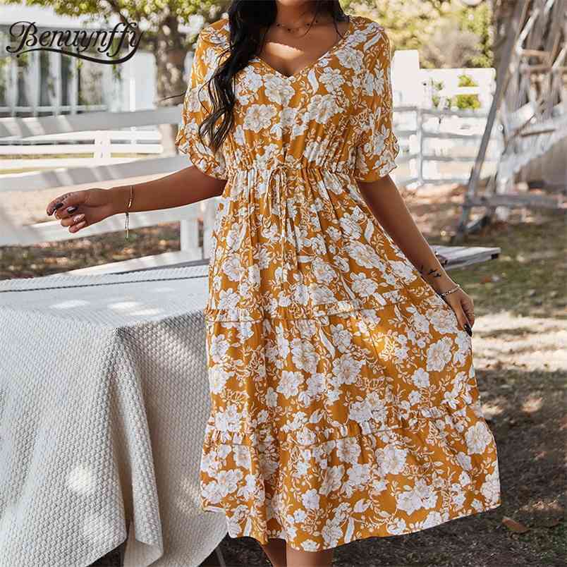 Women's V-neck Floral Print Tie Waist Elegant Swing Dresses Summer Vacation Casual Women Short Sleeve Dress 210510