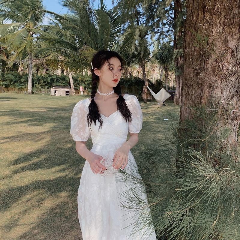 Short Sleeve White Elegant Dresses for Women V-neck Solid Casual Dress female Beach Dress Korean Chiffon Sumemr 210521