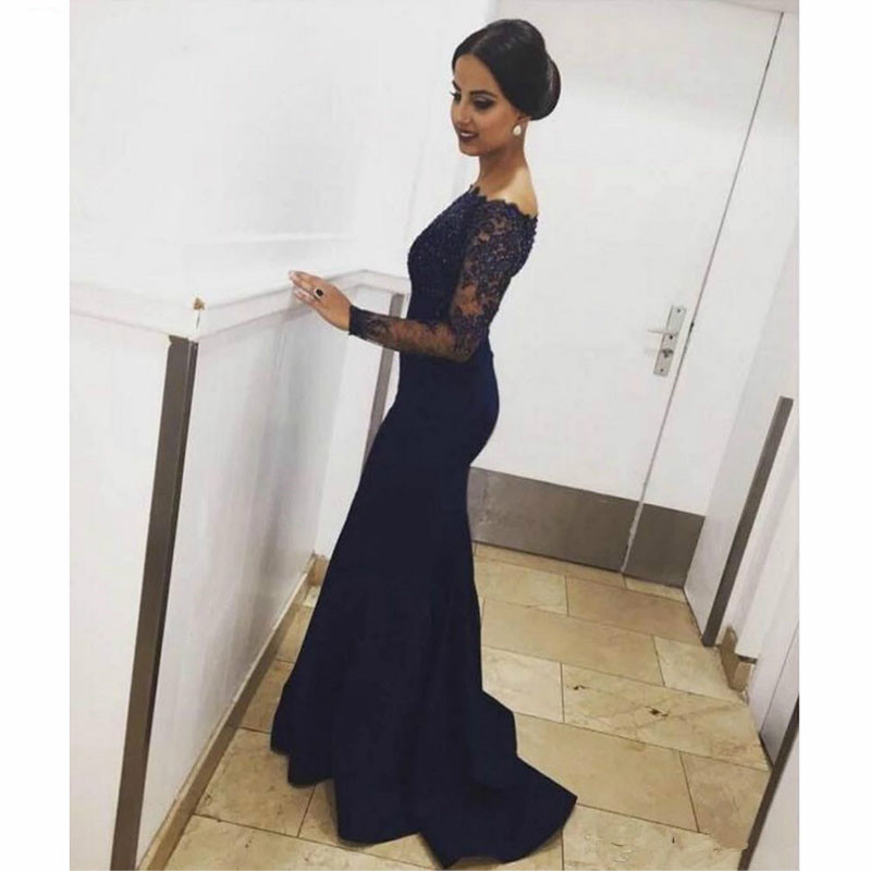 Navy Blue Off the shoulder Long Sleeves Mermaid Evening Dress Zipper Formal Party Gown