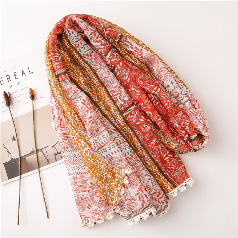 spring and summer womens cotton and linen scarf sequined cashew flower lace ethnic style literary forest female shawl