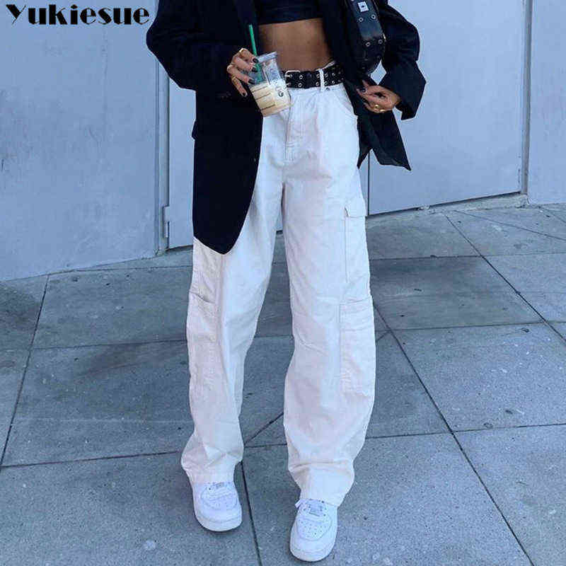Fashion Loose Jeans Casual Work Pants women Hip Hop woman Cotton Trousers Big Pocket Clothes Blue/black/white 211129