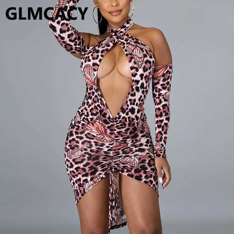 Women Long Sleeve Halter Leopard Dress Sexy Bodycon Backless Party Club Dresses 210702