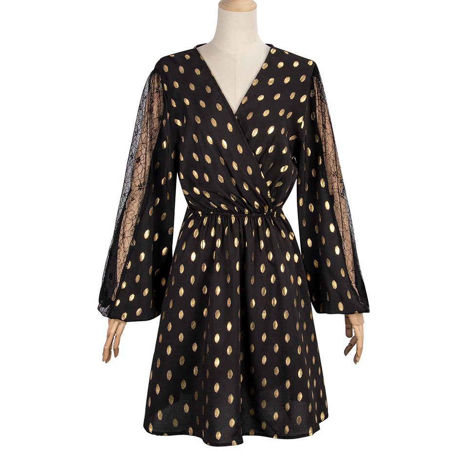 Free Women Polka Dot Mesh Dress Black Sexy V-neck Lantern Sleeve Draped A-line Club Party Vestidos 210524