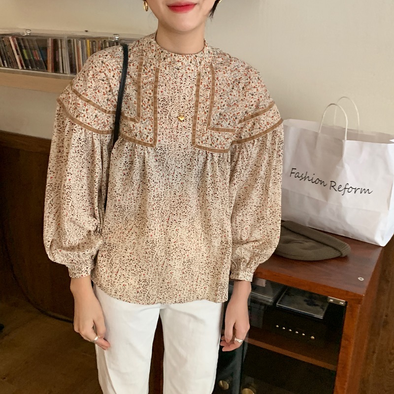 Autumn Vintage Women Tops And Bloues Stand Collar Lantern Sleeve Blouse Long Top Korean Fashion Clothing 210427