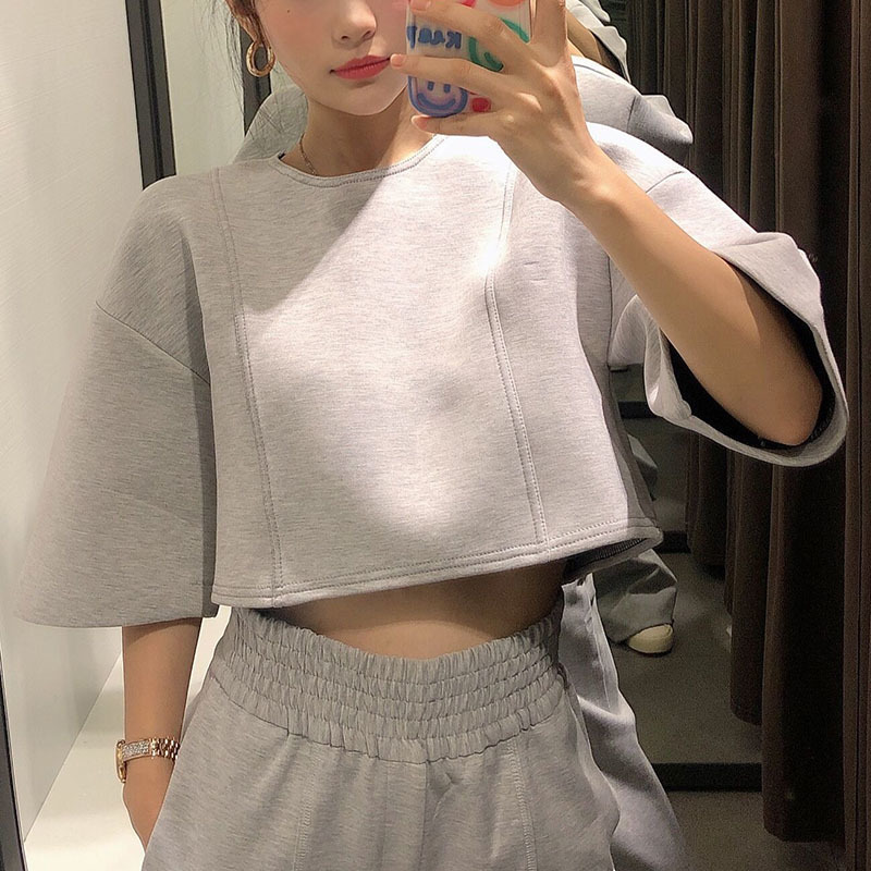 Loose Batwing Sleeve Gray Sweatshirt Women O Neck Pleated Cropped Tops Back Zipper Chic Pullover Hoodies Female Summer 210414