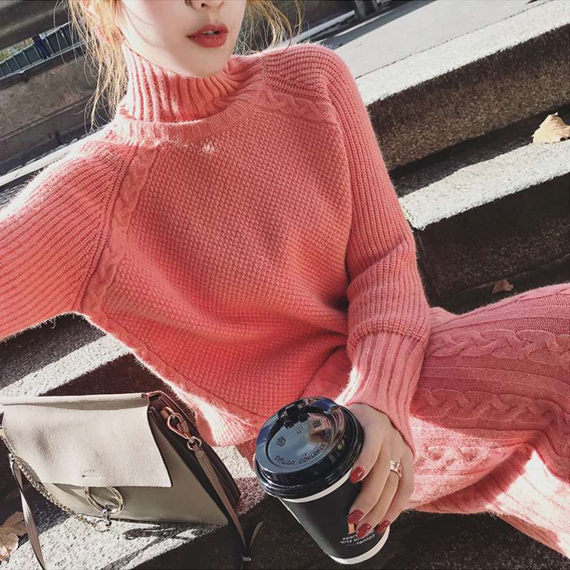 Twisted Knitted 2 Piece Sets Outfits Women Long Sleeve Turtleneck Pullover Sweater + Split Pencil Skirt Suits Ladies Fashion Set 210518