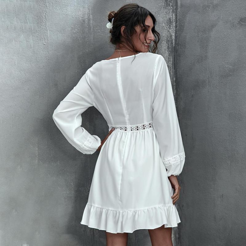 Women Dress V Neck Long Sleeve White es Hollow Out High Waisted Ruffles Mini Temperament Ladies es 210513