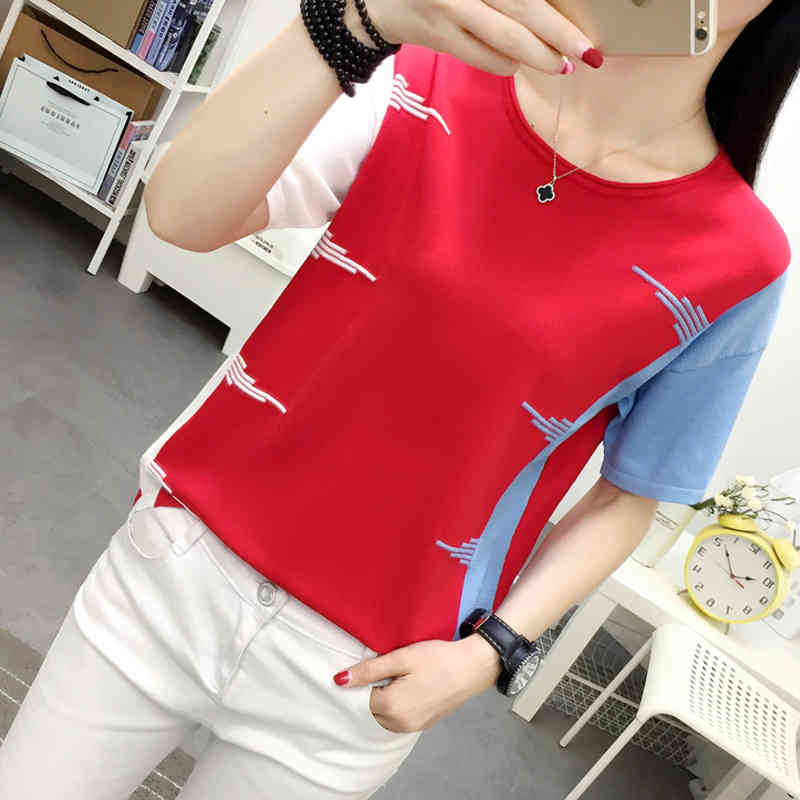 Casual Short Sleeve Ladies Tops Korean Pink O-Neck Blouse Women Blusas Mujer De Moda Summer Thin Knitted Tee Shirt 9761 210506
