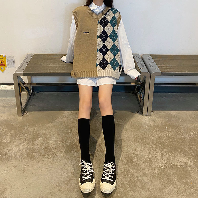 autumn and winter preppy color patchwork knitted v neck twist vest sweaters womens sweaters and pullovers womens (X1632) 210423