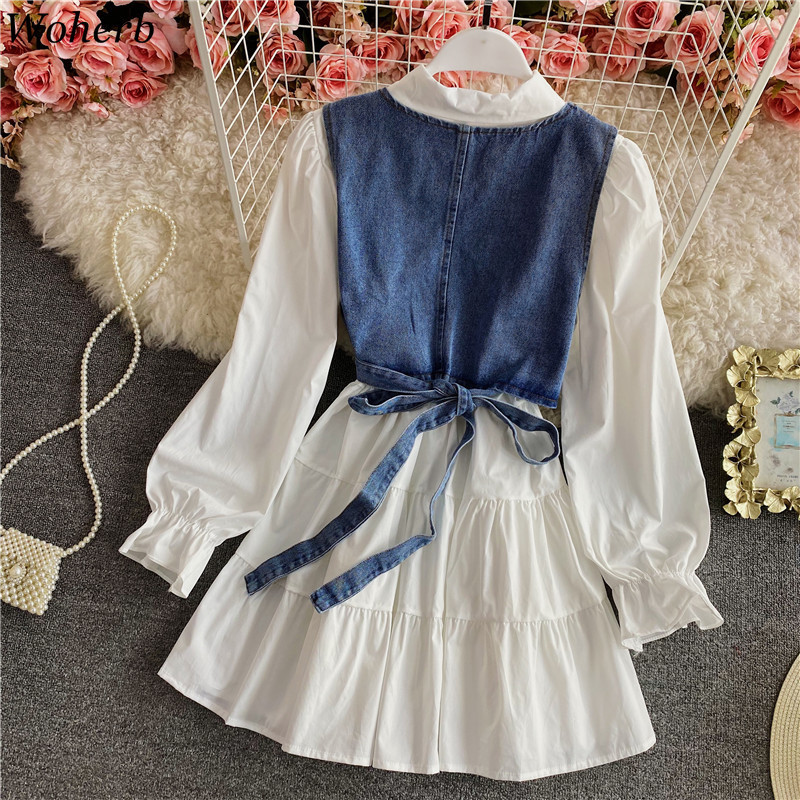 Women Sets High Stree Sweet Slim Waist White Shirt Dress Vintage Denim Vest Two Piece Set Korean Chic Suit 4h485 210519