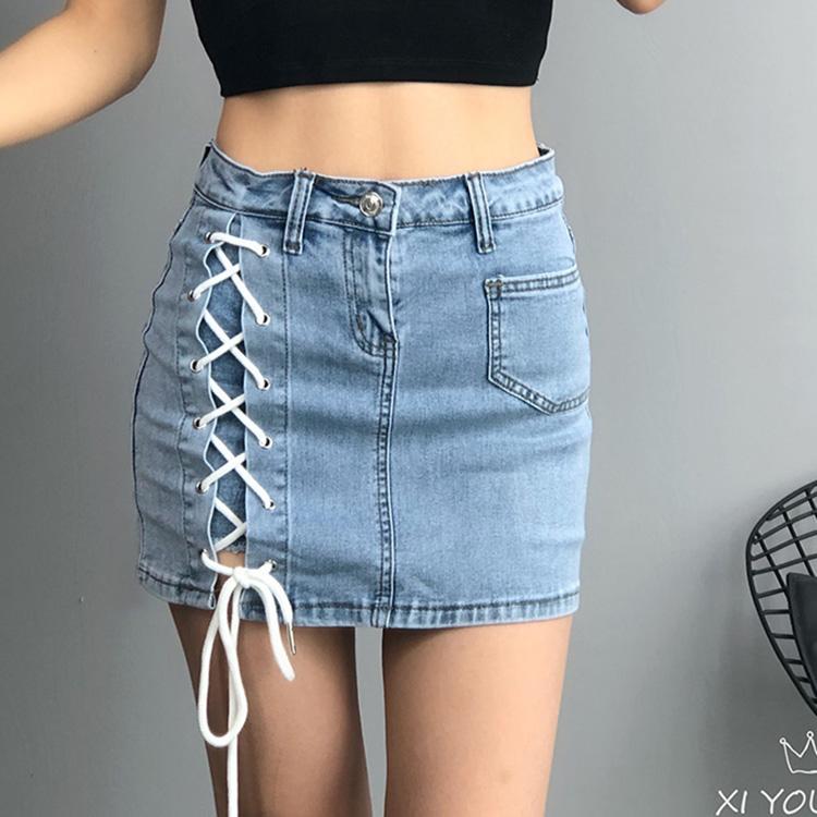Europe And The United States High Waist Strap Elastic Denim Skirt Slim Package Hip Anti-glare Short Women's Shorts