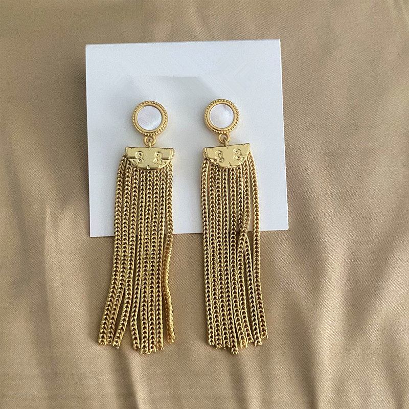 2021 long chain tassel Charm mother-of-pearl inlaid light luxury niche earrings