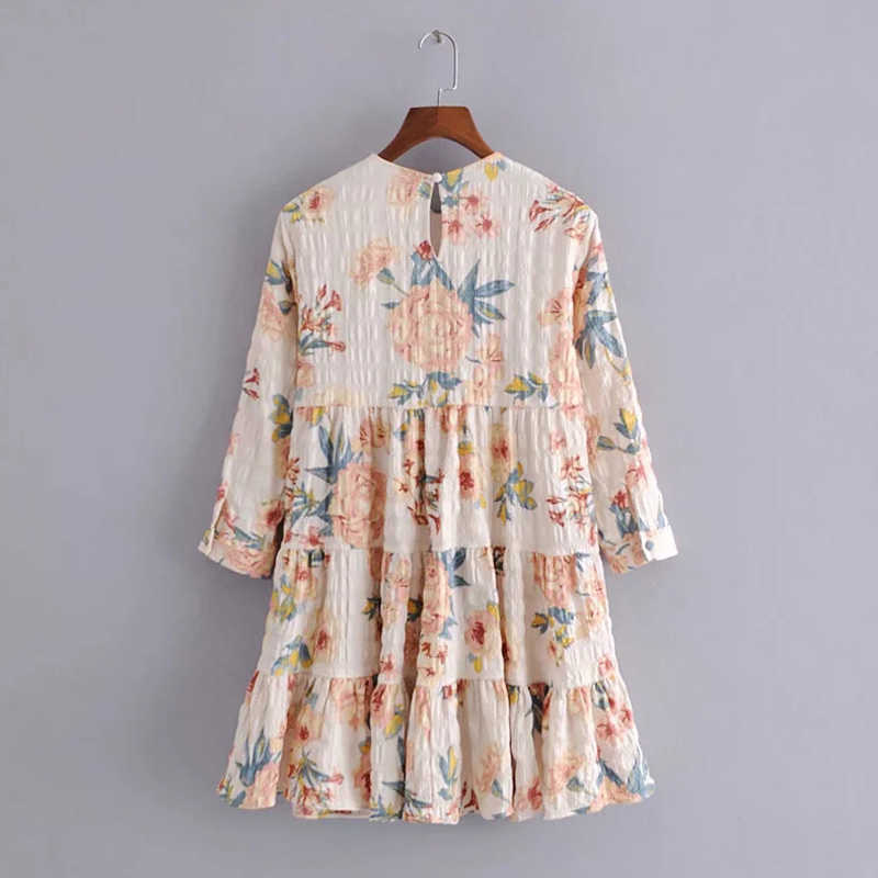 LVWOMN Dress Women Printed Pleated Mini Dresses Female O neck Long Sleeve Loose Vintage Dress Fashion Summer Boho Vestidos 210630