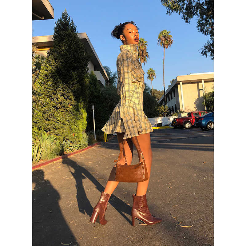 dress for women Plaid shirt pleated waist sexy French ruffled robe 210623