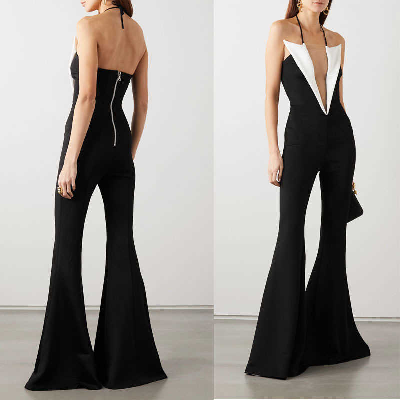 Women Jumpsut Color Matching V-neck Sleeveless Off Shoulder Sexy Rompers Womens Jumpsuit Black Vintage Long 210524