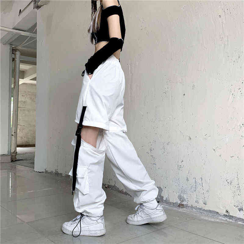 HOUZHOU White Streetwear Cargo Pant Y2k Harajuku Loose Patchwortk High Waist Trousers Casual Removable Techwear Korean 211124