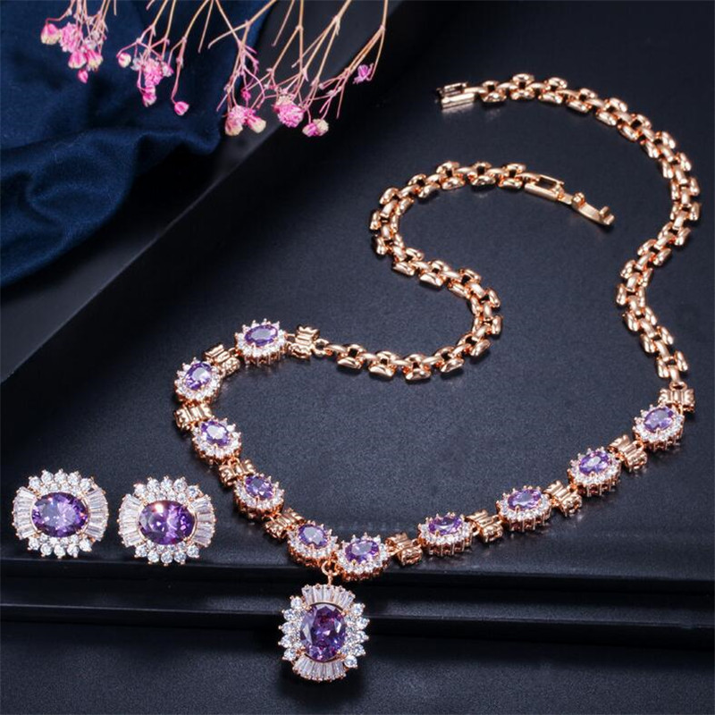Choucong Brand Vintage Jewelry Set 18K Gold Fill Full Oval Cut Multi Color 5A Cubic Zircon Necklace Stud Stunning Earrings Women Wedding Bridal Jewell