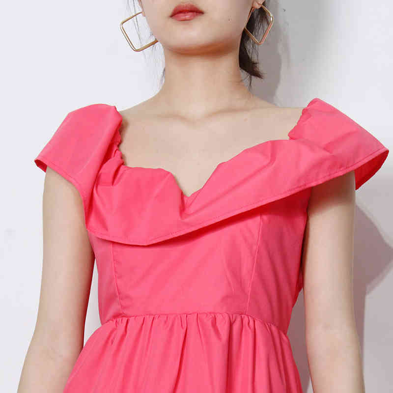 Ruffle Patchwork Summer Dress For Women Square Collar Short Sleeve High Waist Solid Dresses Female Fashion 210520
