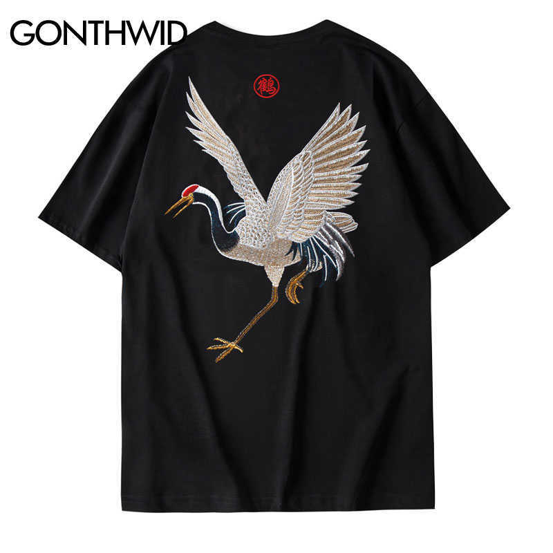 GONTHWID Harajuku Embroidery Crane Tees Shirts Mens Hip Hop Streetwear Tshirts Summer Fashion Casual Short Sleeve Tops Male 210623
