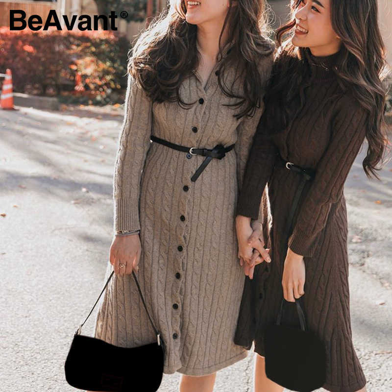 BeAvant Casual stand collar women knitted dress Autumn winter long sleeve button dress High street style female sweater dress 210709
