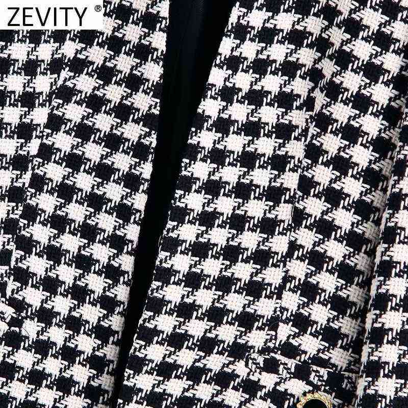 Zevity Women Vintage Houndstooth Plaid Print Open Stitching Tweed Woolen Coat Female Chic Outwear Slim Jackets Tops CT781 211104