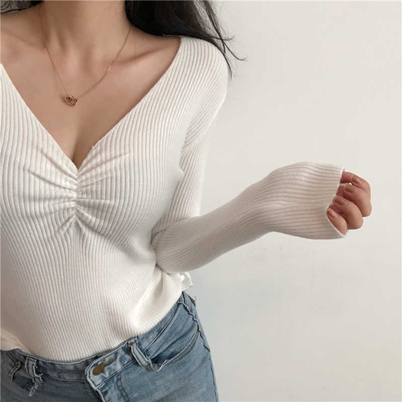 JMPRS Sexy V Neck Women Sweater Autumn Knitted Pullover Jumper Chic Soft Korean Slim Long Sleeve Female Basic Top 211011Z