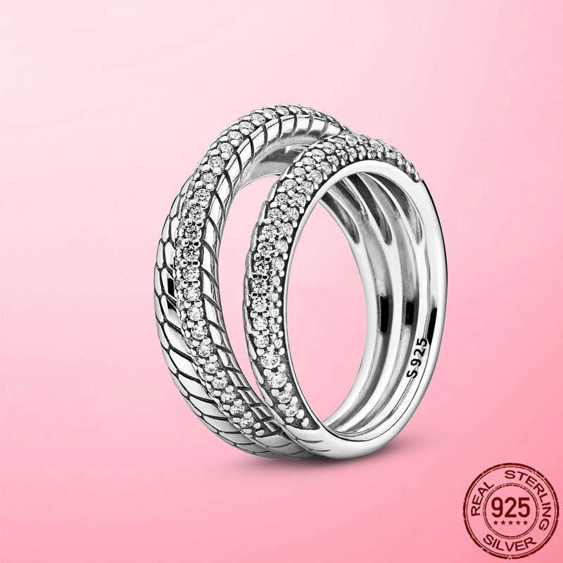 925 Sterling Silver Triple Band Pavé Snake Chain Pattern Ring Women Fine Wedding Engagement Jewelry Gift