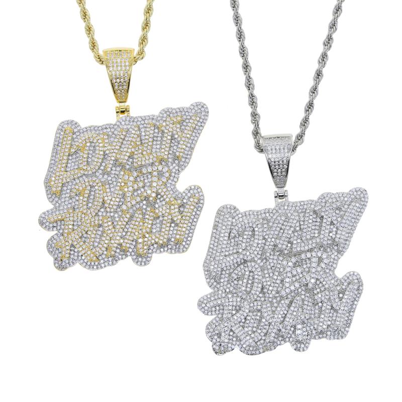 Chains Two Tone Color Iced Out Loyalty Over Royalty Letter Pendant Necklace Hip Hop Bling Cubic Zirconia Letters Charm Men Jewelry