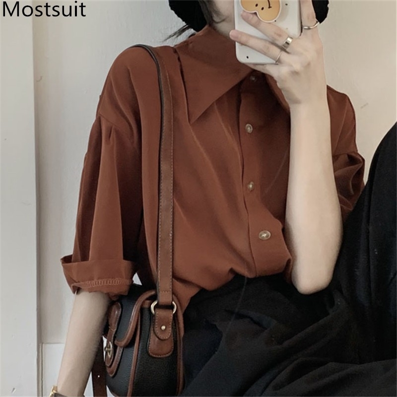 Autumn Korean Sharp Collar Fashion Women Shirts Blouses Half Sleeve Single-breasted Tops Casual Solid Female Blusas 210518, Caramel
Autumn Korean Sharp Collar Fashion Women Shirts Blouses Half Sleeve Single-breasted Tops Casual Solid Female Blusas 210518, Caramel