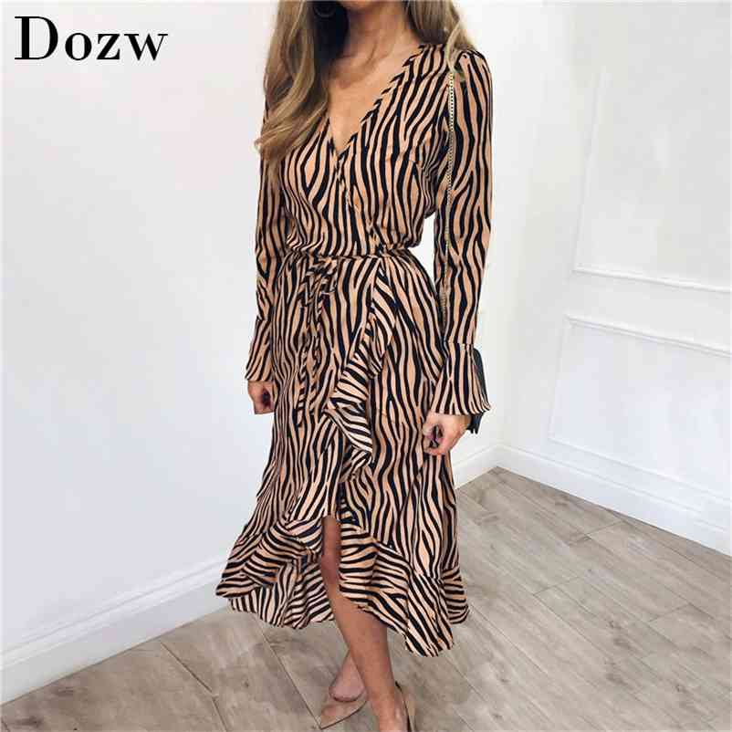 Long Dresses Women Zebra Print Beach Chiffon Casual Sleeve V Neck Ruffles Elegant Party Vestidos 210515