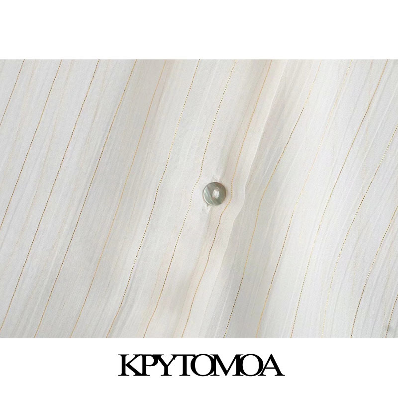 Women Fashion Semi-Sheer Metallic Thread Striped Blouses Long Sleeve Button-up Female Shirts Chic Tops 210420