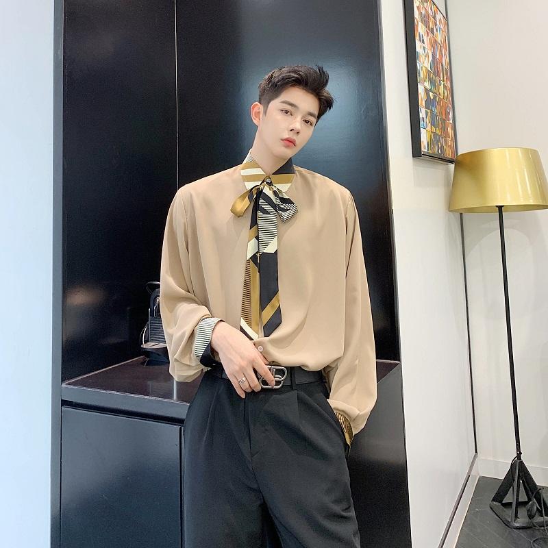 Men's Casual Shirts Men Vintage Splice Collar Bow Tie Long Sleeve Loose Japan Korea Style Male Fashion Show Dress Stage Clothes