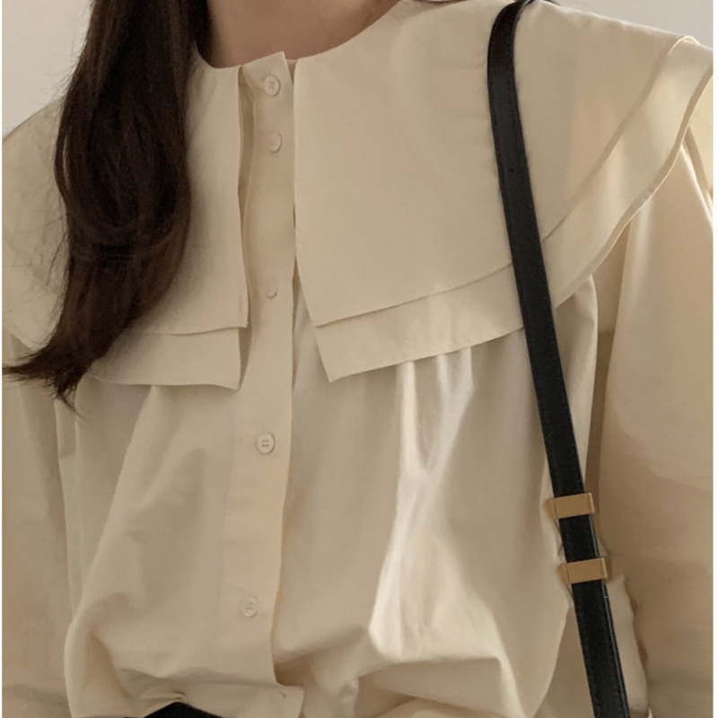 Spring Single Breasted Women's Blouse Long Sleeve Double Peter Pan Collar Pleated Shirt Female 210427