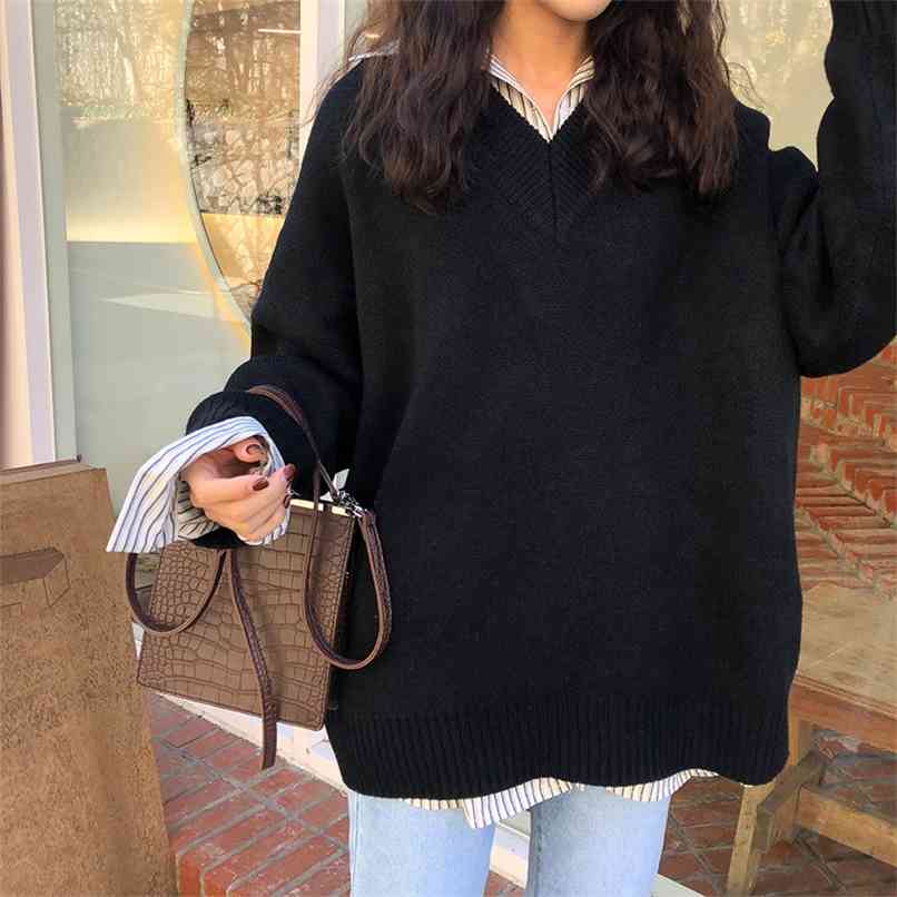 5 colors korean style loose v neck solid color knitted warm sweaters womens sweaters and pullovers (X164) 210918
