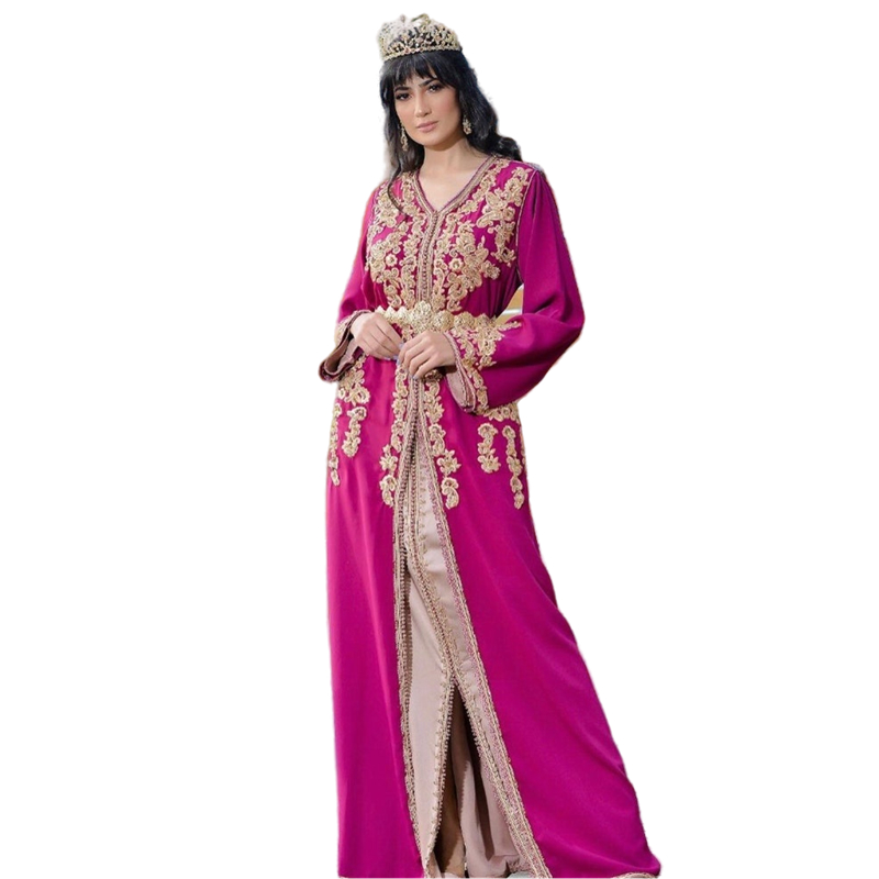 Elegant Fuchsia And Champagne Moroccan Kaftan Evening Dresses Gold Lace Appliques Beaded Long Sleeve Caftan Arabic Dubai Women Formal Wear Special Occ