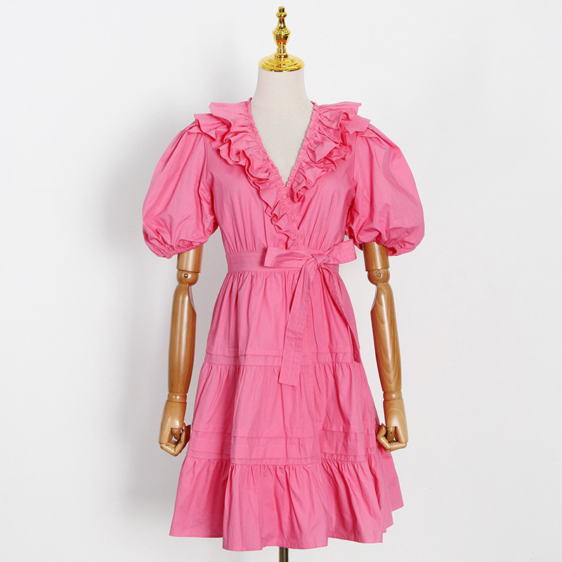 Woman Dress V-neck Puff Sleeve Bandage Beach Dresses Women Vintage Sexy Short Summer Fashion 210513