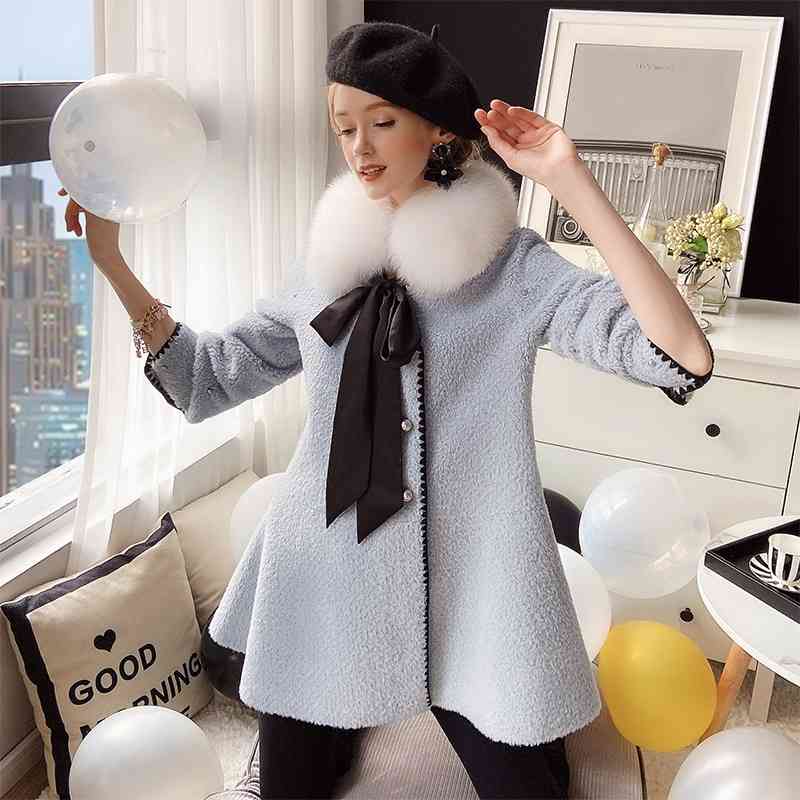 Dabuwawa Elegant Solid Double Breasted Women Wool Fur Coat Collar Soft Winter Warm Bow Skirt Long Jacket Ladies DT1DFR019 210520